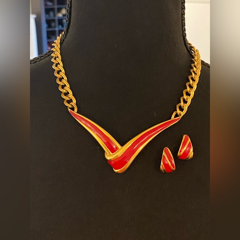 Vintage 1980s signed Monet red enamel and gold-tone jewelry set